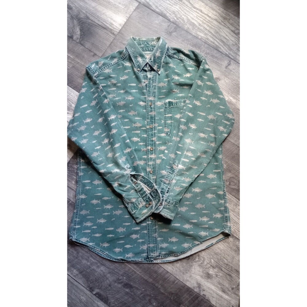Woolrich Men's Green/Tan Fish Pattern Long Sleeve Button Down Shirt, Vtg "90's'